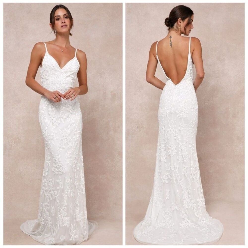 Lulus Everlasting Passion White Sequin Beaded Backless Maxi Dress Medium NEW NWT